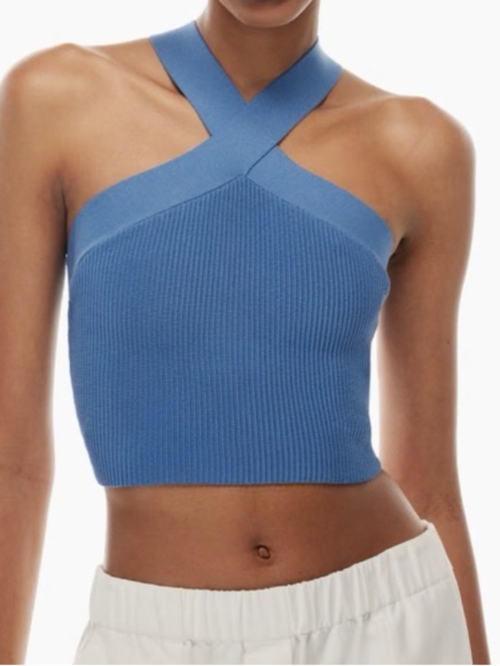 Babaton Aritzia Sculpt Knit Criss Cross Halter Crop Top XL Blue Y2K Going Out